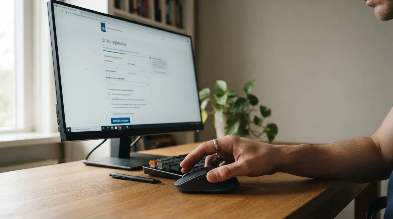 Een close-up van een computerscherm met het Cruks-inschrijfformulier, met de pen nog boven de muisknop zwevend — vóór het klikken