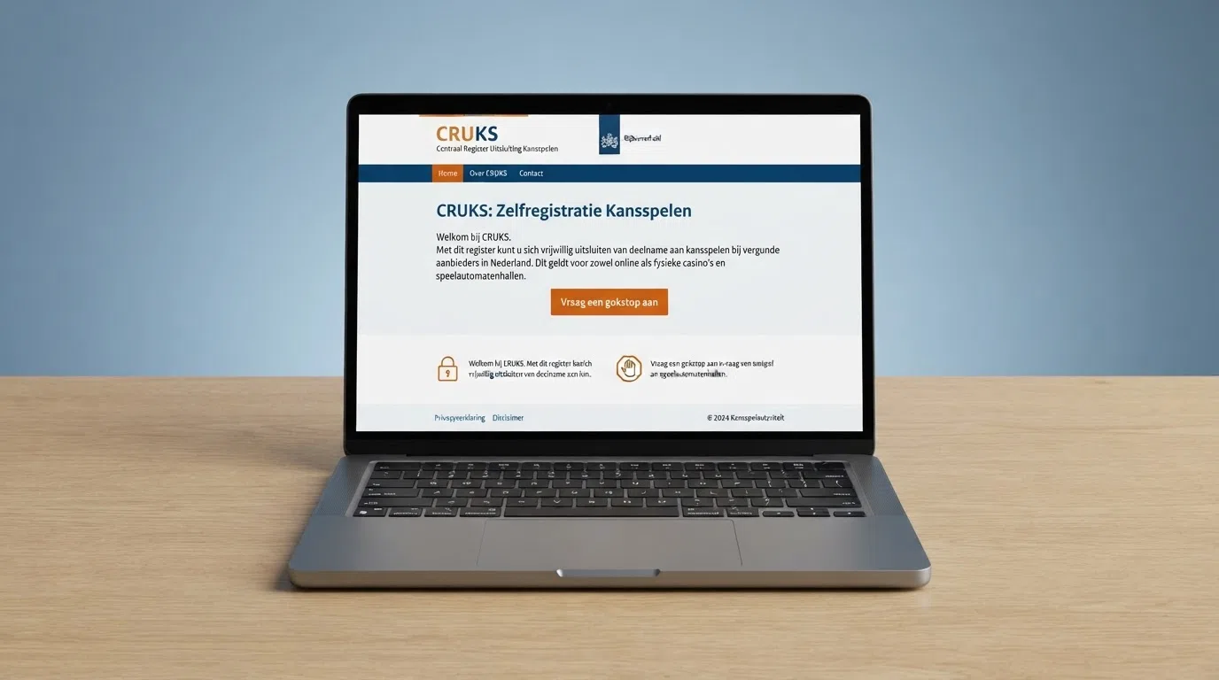 Een Nederlandse overheidswebpagina met uitleg over het CRUKS-register en de knop om een gokstop aan te vragen, met het DigiD-logo zichtbaar.