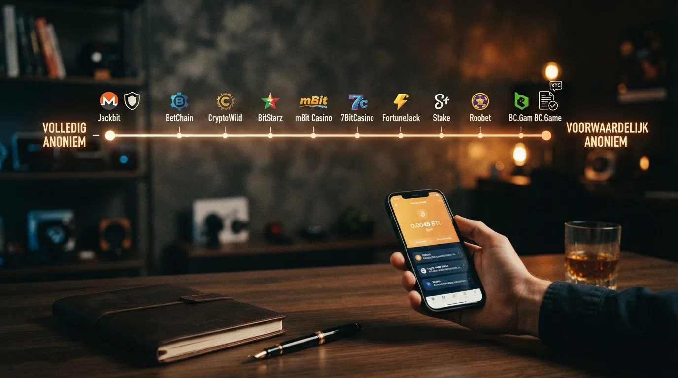 Een schaal van volledig anoniem (geen gegevens, Monero) tot voorwaardelijk anoniem (KYC bij grote opnames), met de tien operators gepositioneerd op de schaal