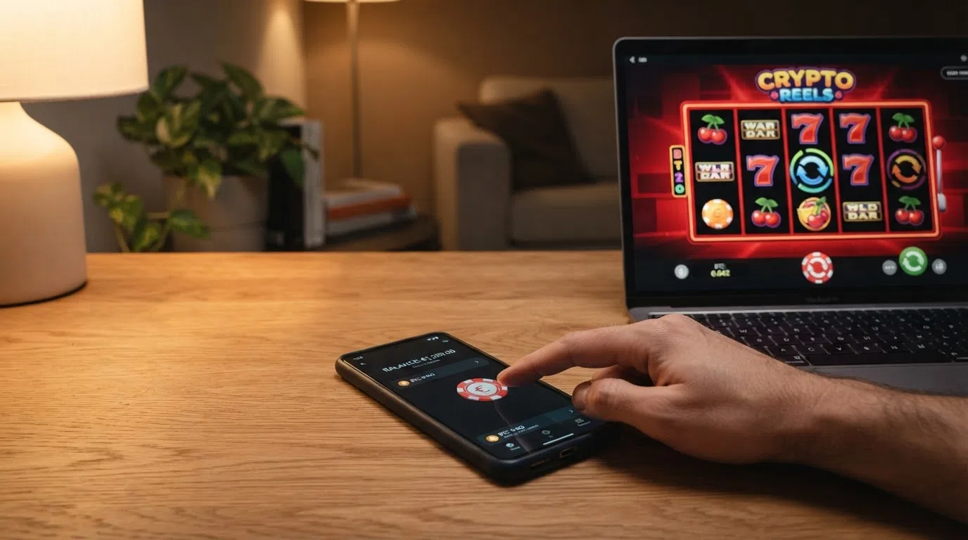 Een smartphone met een crypto-wallet-app geopend naast een casino-spel op een laptopscherm, verbonden door een pijl die een wallet-to-wallet-transactie symboliseert