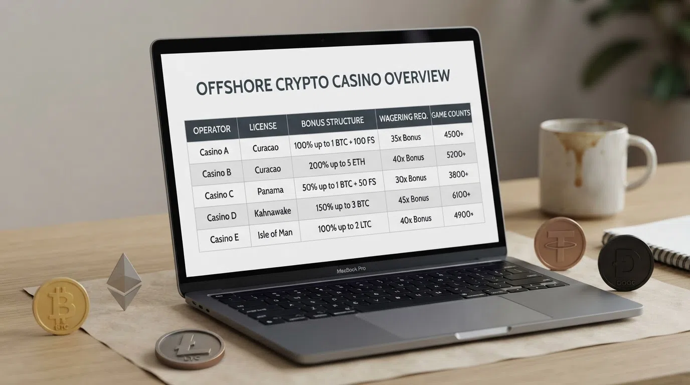 Een overzichtelijke vergelijkingstabel op een beeldscherm met cryptovaluta-iconen (BTC, ETH, USDT) en kansspel-elementen