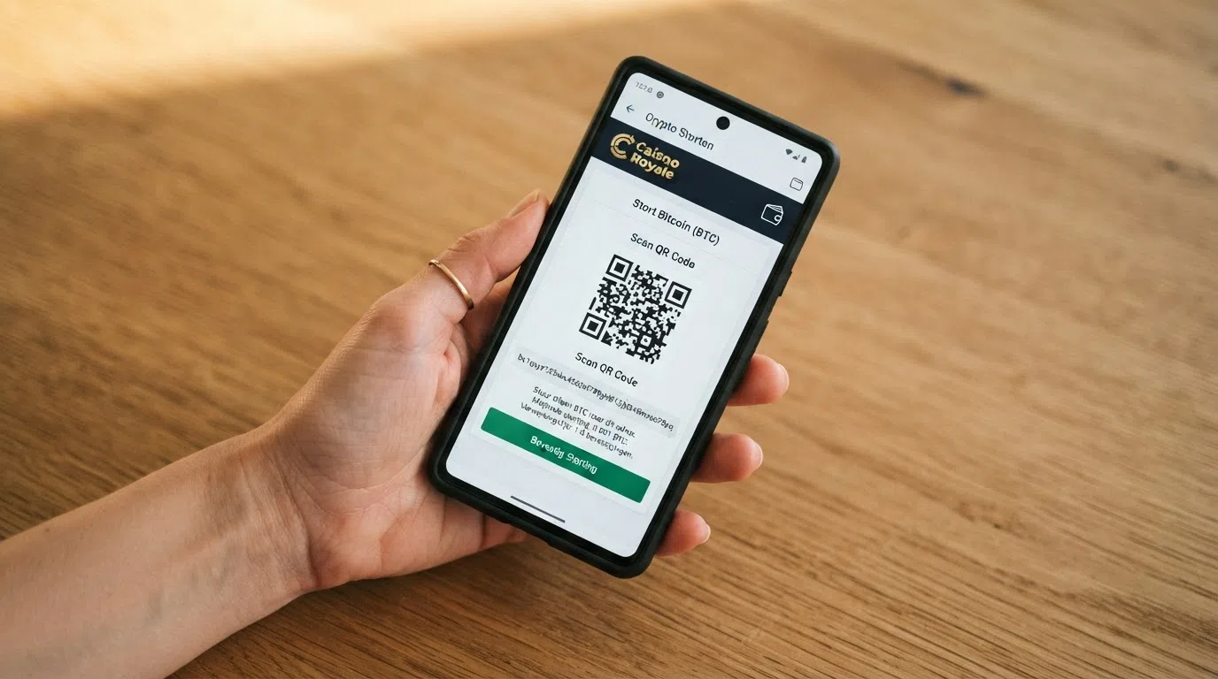 Een rij crypto wallet-apps (Bitcoin, Ethereum, Monero) op een smartphone naast een casino-stortingsscherm met QR-code — de route die een anonieme storting aflegt