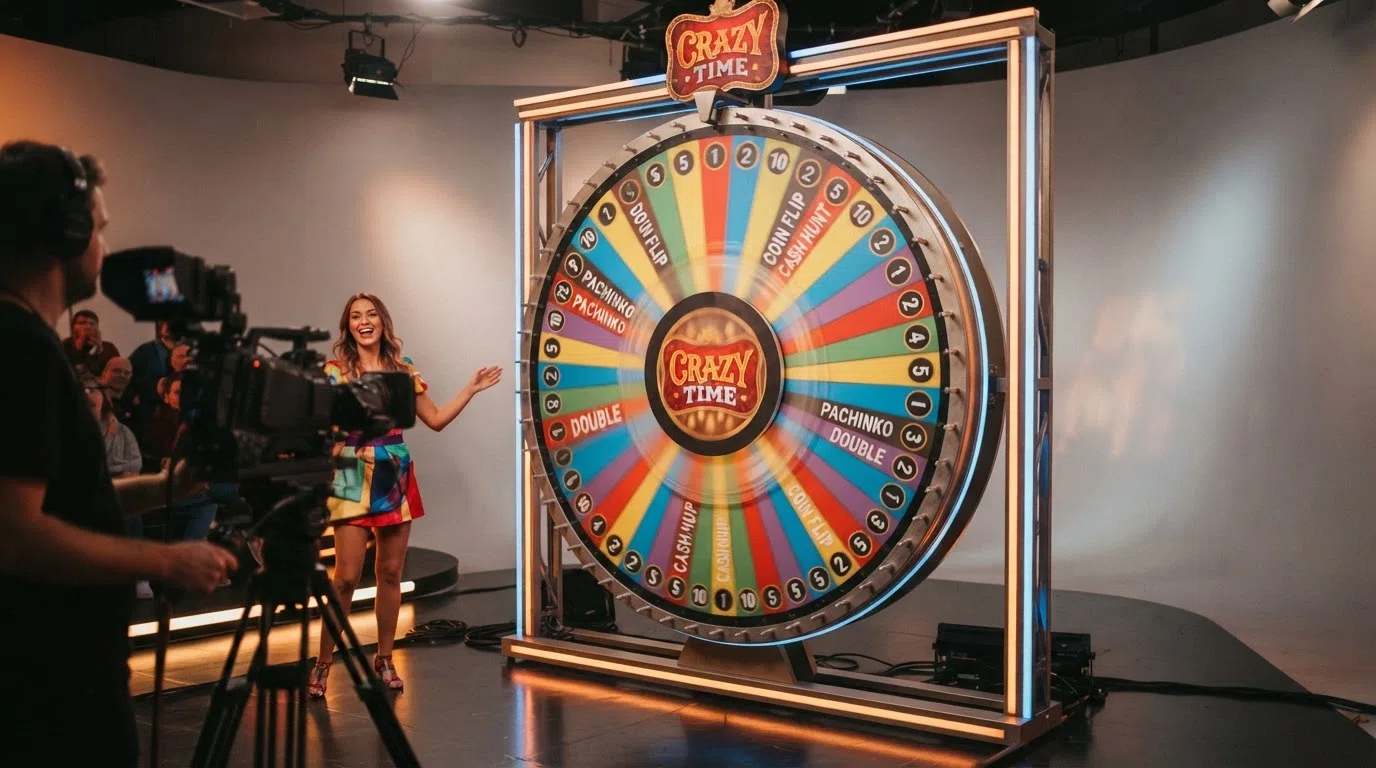 Het kleurrijke Crazy Time-spelwiel met de vier bonussegmenten (Coin Flip, Cash Hunt, Pachinko, Crazy Time) in een live-studio-setting