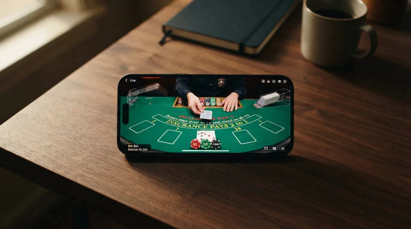 Een smartphone in landscape-modus met een live blackjacktafel in volle HD-kwaliteit, inclusief inzetopties onder in beeld