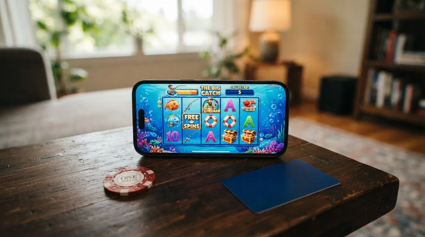 Screenshot van de Blueprint Gaming-gokkast Fishin Frenzy The Big Catch met de vijf haspels en vissymbolen in beeld