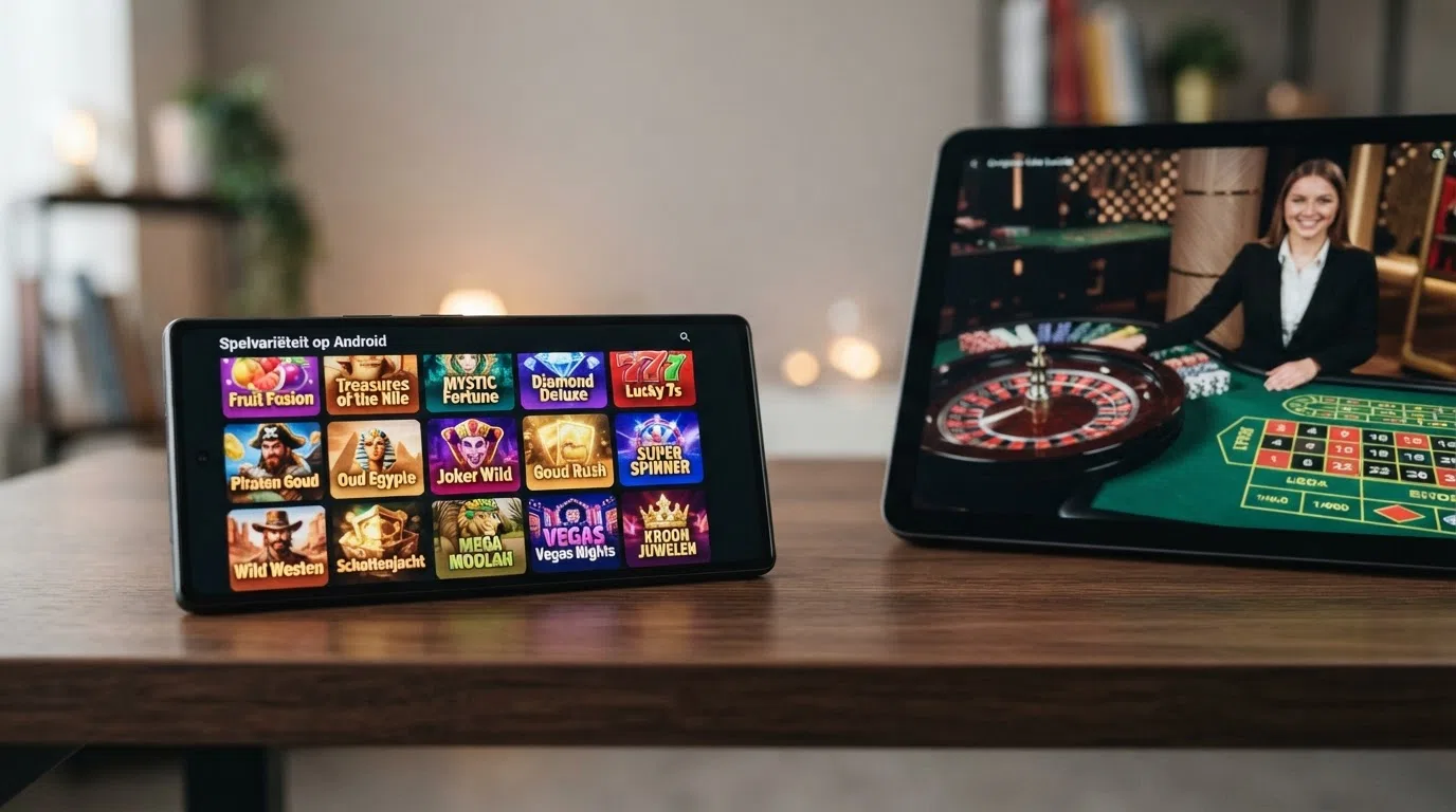 Een Android-telefoon in landscape-modus toont de spelgrid van een gokkast met heldere knoppen en het slotsymbool op het scherm, naast een live-roulettebeeld met een Nederlandse dealer
