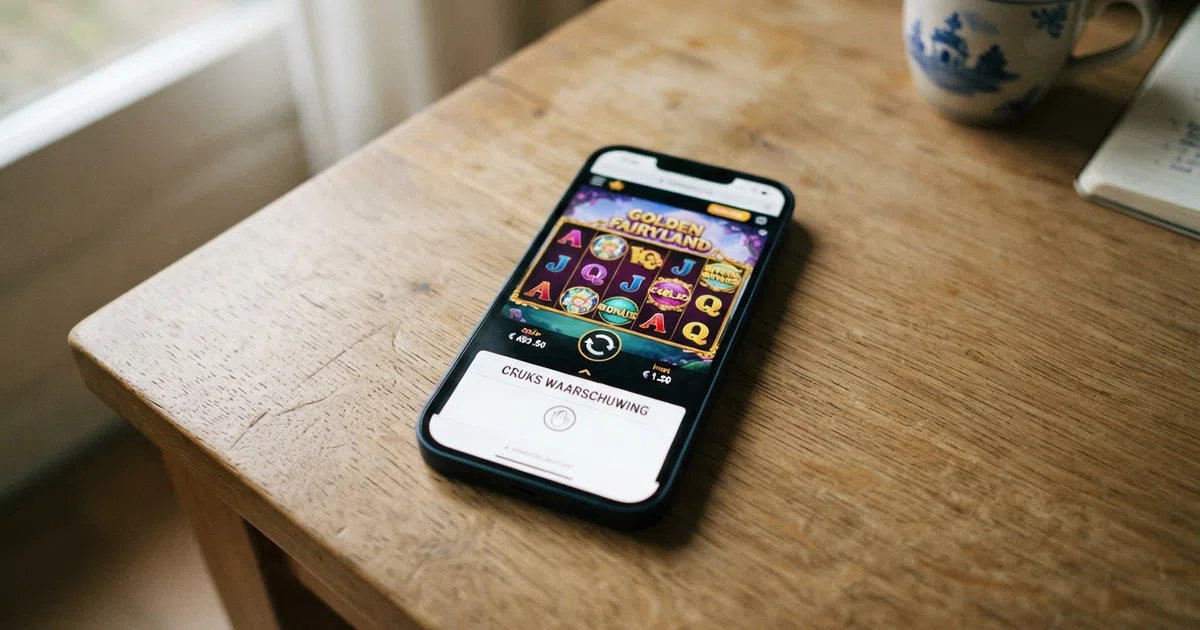 Een Nederlandse speler kijkt naar een scherm waarop een casino-interface en een slot voor een Cruks-waarschuwing zichtbaar zijn; het Cruks-slot is leeg.