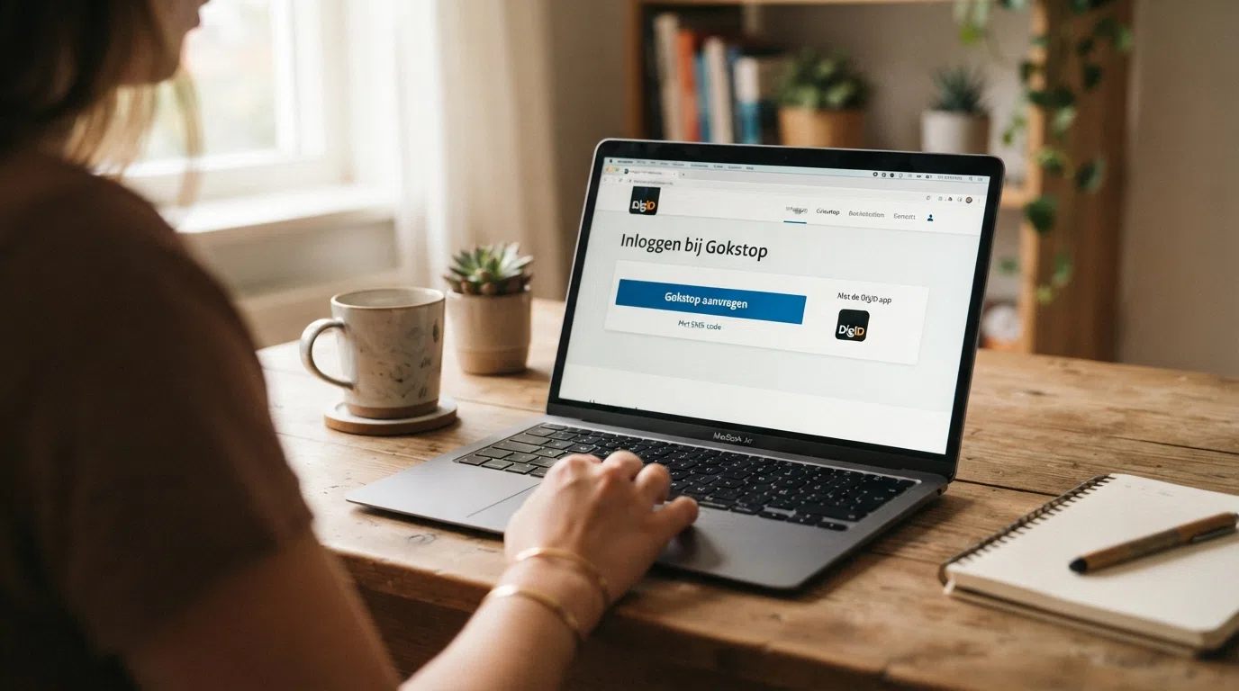 Een laptopscherm met het DigiD-inlogvenster en de knop “Gokstop aanvragen” op de website van de Kansspelautoriteit