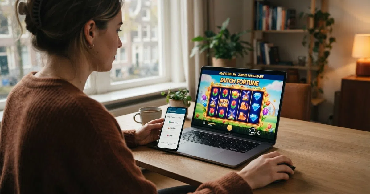 Een Nederlandse speler kijkt naar een laptopscherm waarop een online casino demo-spel draait — naast het scherm ligt een smartphone met het iDIN-inlogscherm zichtbaar