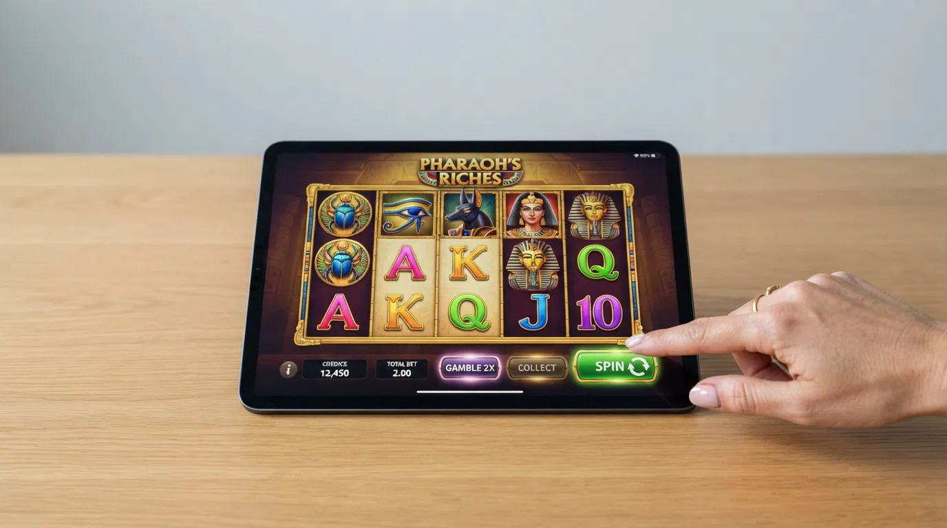 Het spelvenster van Book of Ra Deluxe met de vijf rollen en het gamble-feature in beeld