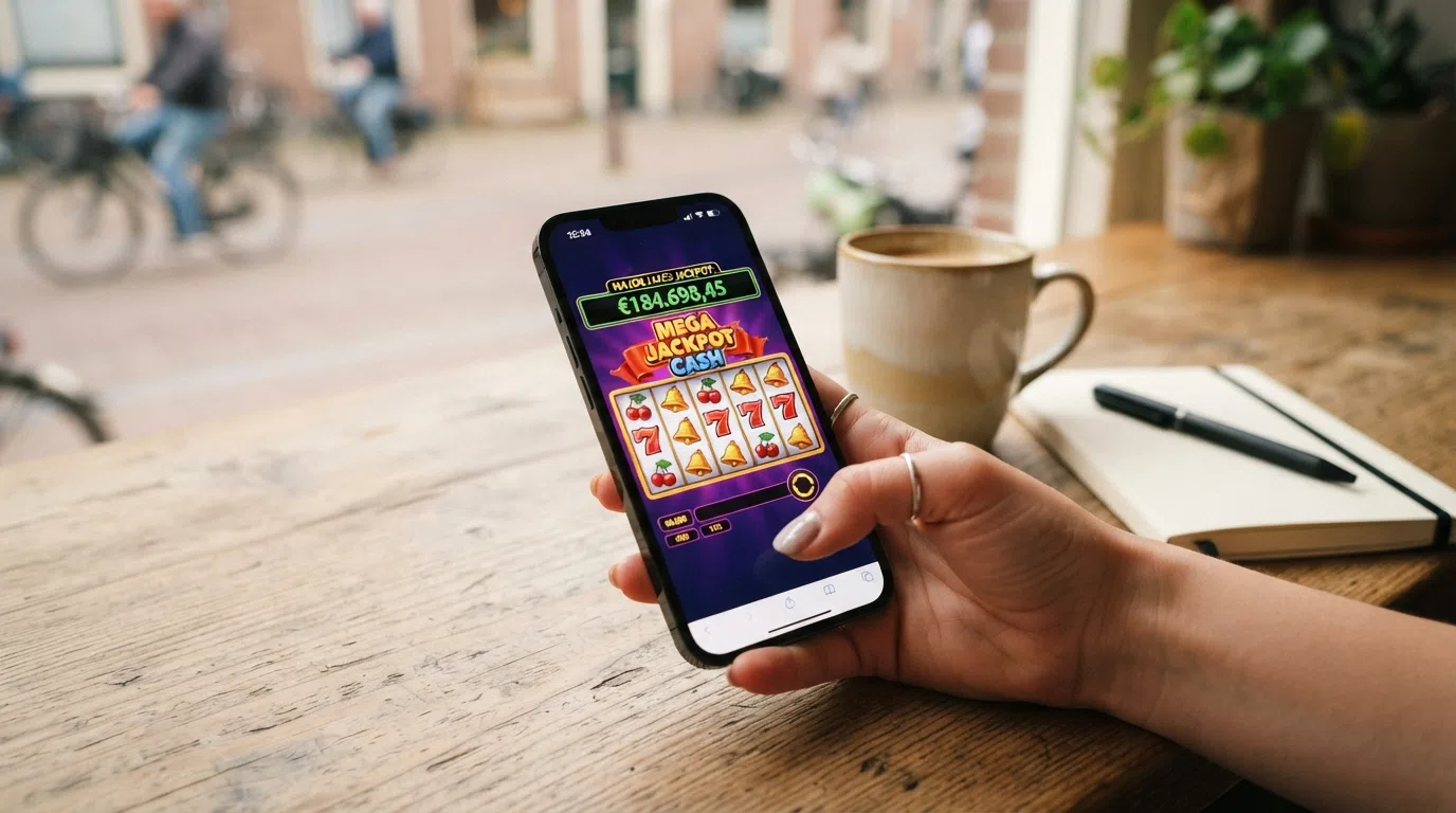 Een visuele weergave van een progressieve jackpot-pool die groeit naarmate meer spelers een inzet plaatsen, met pijlen die het percentage per inzet naar de pot tonen