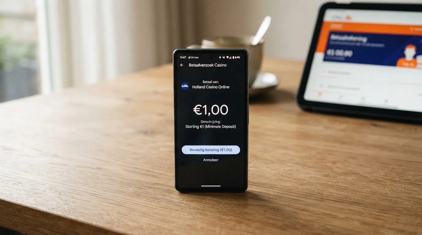 Het betaalscherm van iDEAL op een smartphone met een openstaand stortingsbedrag van €1 bij een online casino