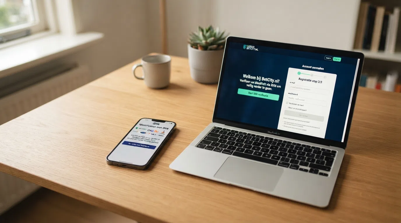 Een smartphone toont het iDIN- of itsme-verificatiescherm naast een laptop met een casino-registratiepagina, met een vinkje ter bevestiging