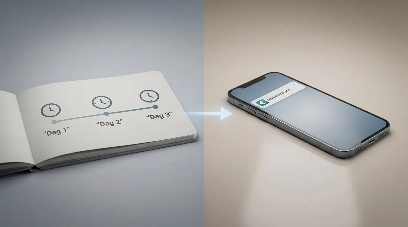 Een zij-aan-zij-vergelijking die het verschil toont tussen een klassieke bankoverschrijving met drie klokdagen en een instant-uitbetaling met een telefoon die een pushmelding 'Geld ontvangen' toont