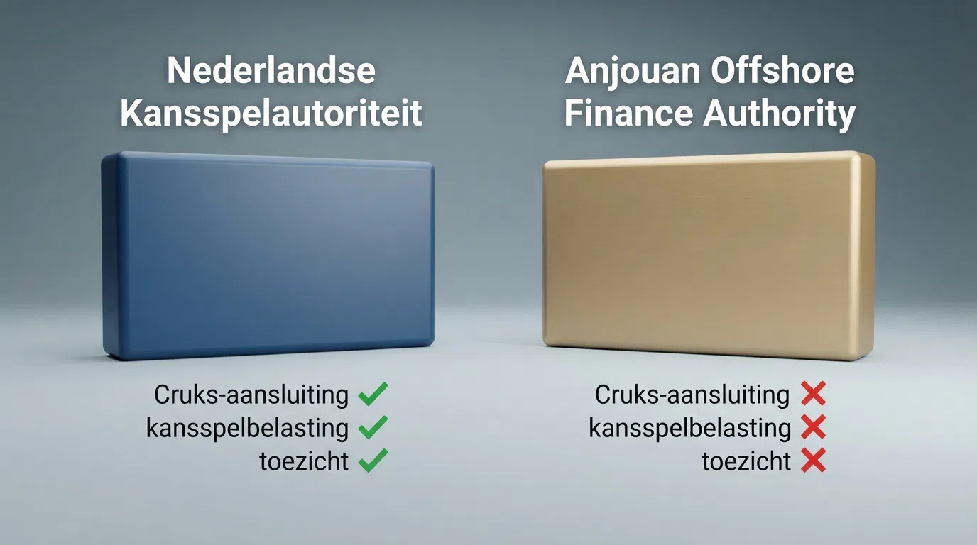 Een zij-aan-zij visuele vergelijking van het Ksa-keurmerk en het Anjouan Gaming Authority-logo, met daaronder de kerncijfers: Cruks-aansluiting, kansspelbelasting en toezicht