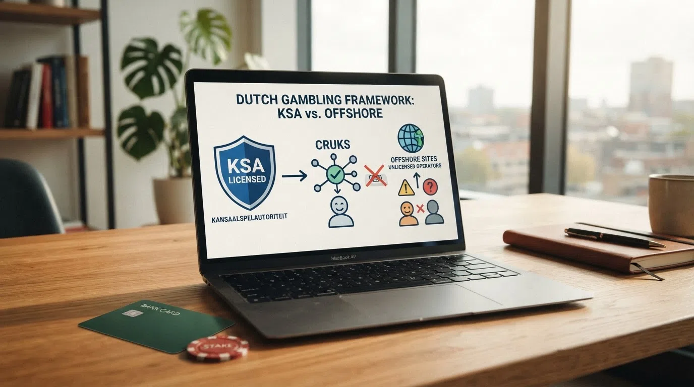 Schematisch overzicht van het Nederlandse gokkader: KSA-toezicht, Cruks-register en buitenlandse licentieroutes voor spelers