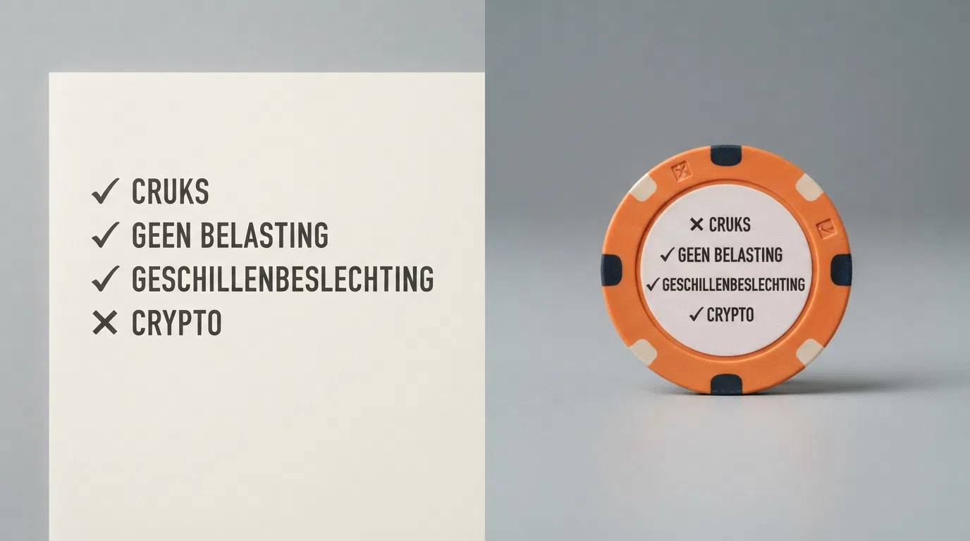 Een visuele splitsing: links het KSA-logo met vinkjes bij 'Cruks', 'Geen belasting', 'Geschillenbeslechting' en een kruis bij 'Crypto'; rechts een Bitcoin Cash-logo met de tegenovergestelde symbolen