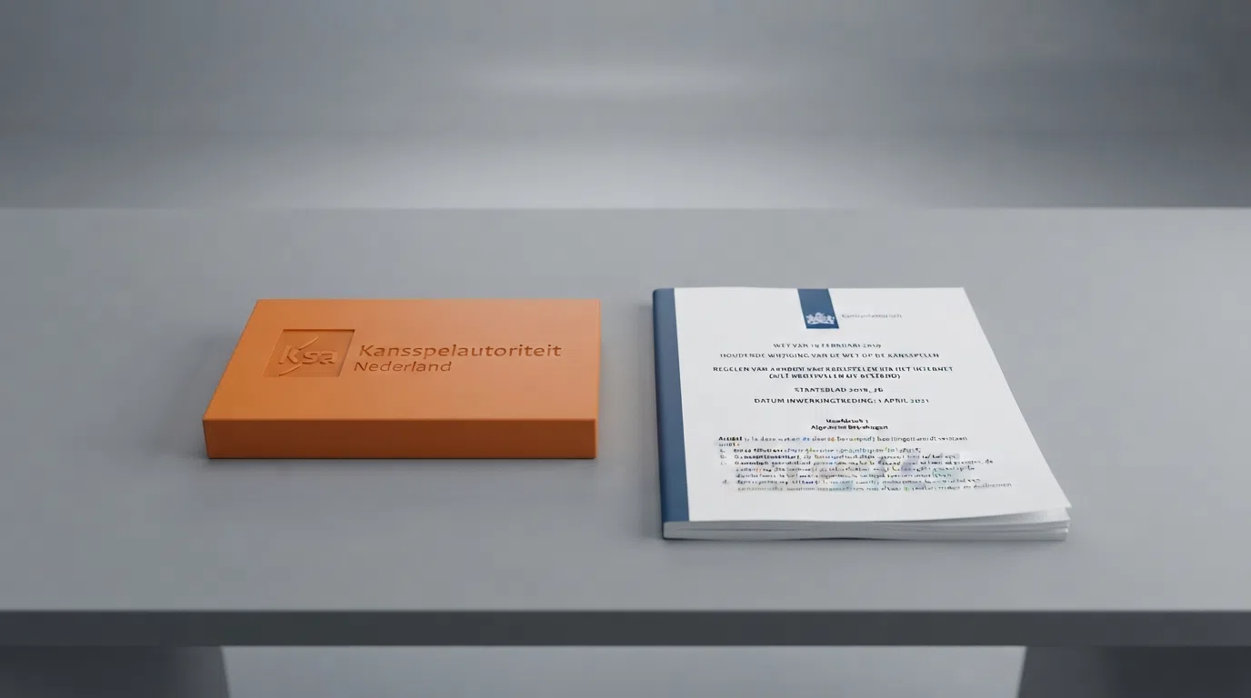 Het logo van de Kansspelautoriteit naast een juridisch document met de titel Wet Kansspelen op Afstand, op een bureau