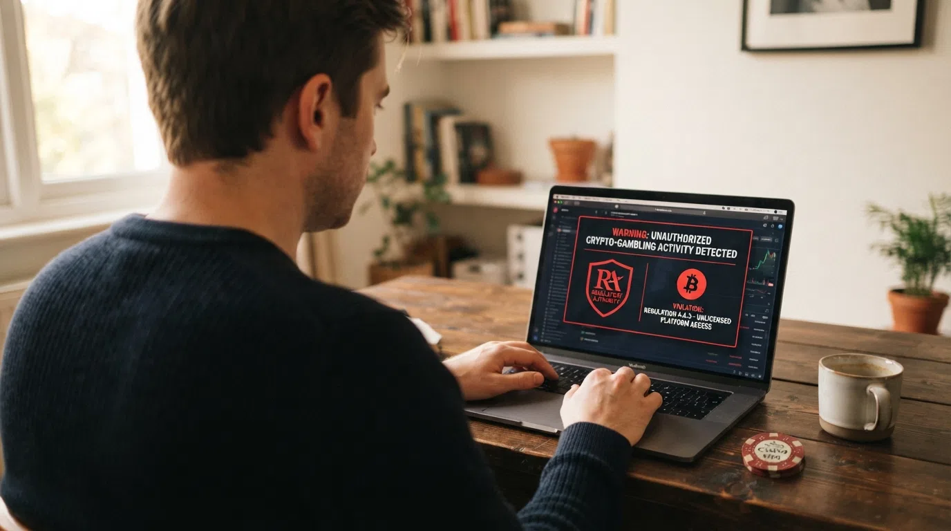 Het logo van de Kansspelautoriteit met een waarschuwingssymbool en een bitcoin-teken in rood