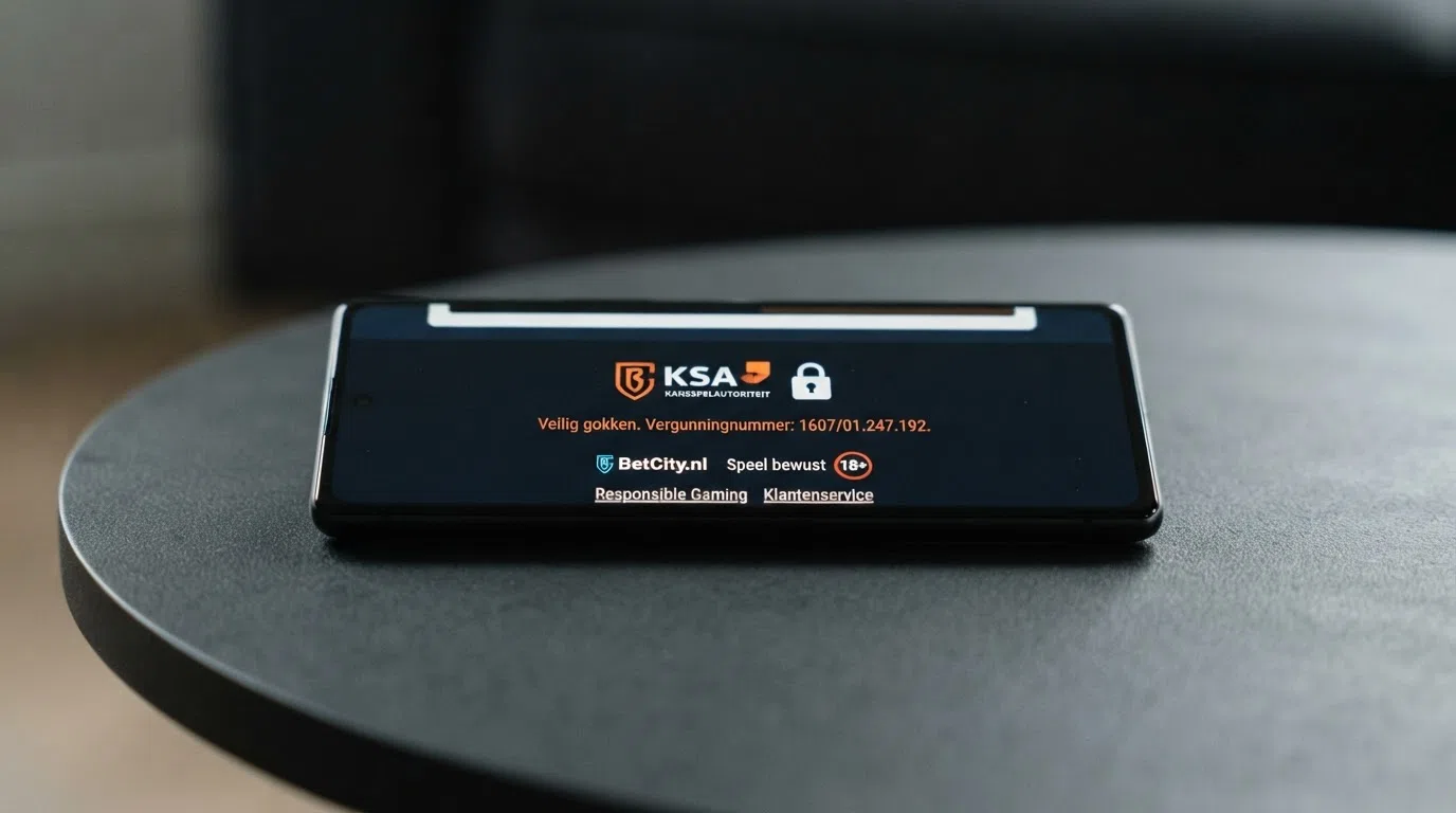 Close-up van een smartphone waarop in de footer van een casino app het KSA-logo met vergunningnummer duidelijk zichtbaar is, naast een slotje en de tekst 'Veilig gokken'