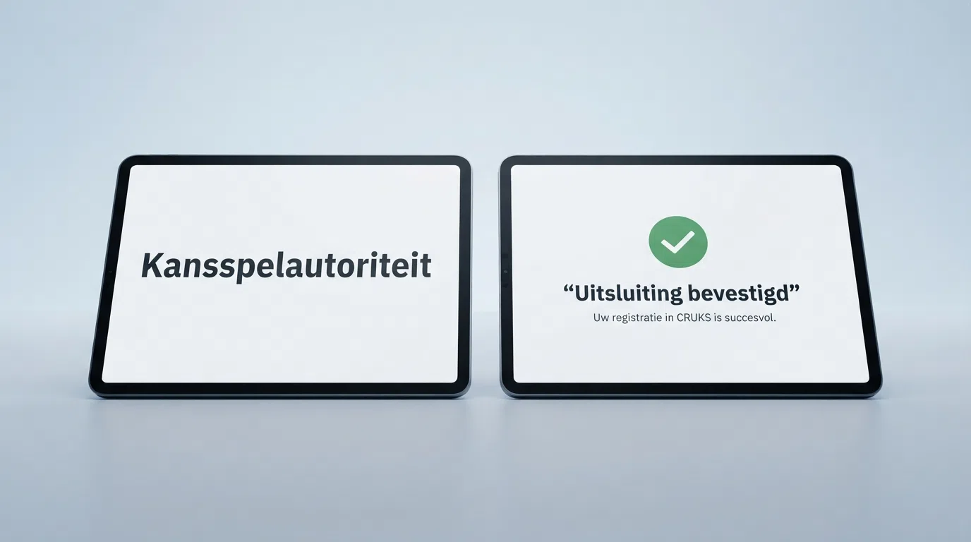 Het logo van de Kansspelautoriteit naast een CRUKS-bevestigingsscherm