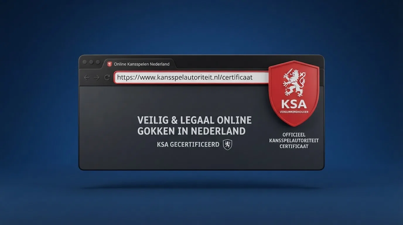 Een close-up van het KSA-keurmerk naast een rood gemarkeerd browseradres zonder keurmerk, met op de achtergrond de tekst van de Wet Kansspelen op Afstand