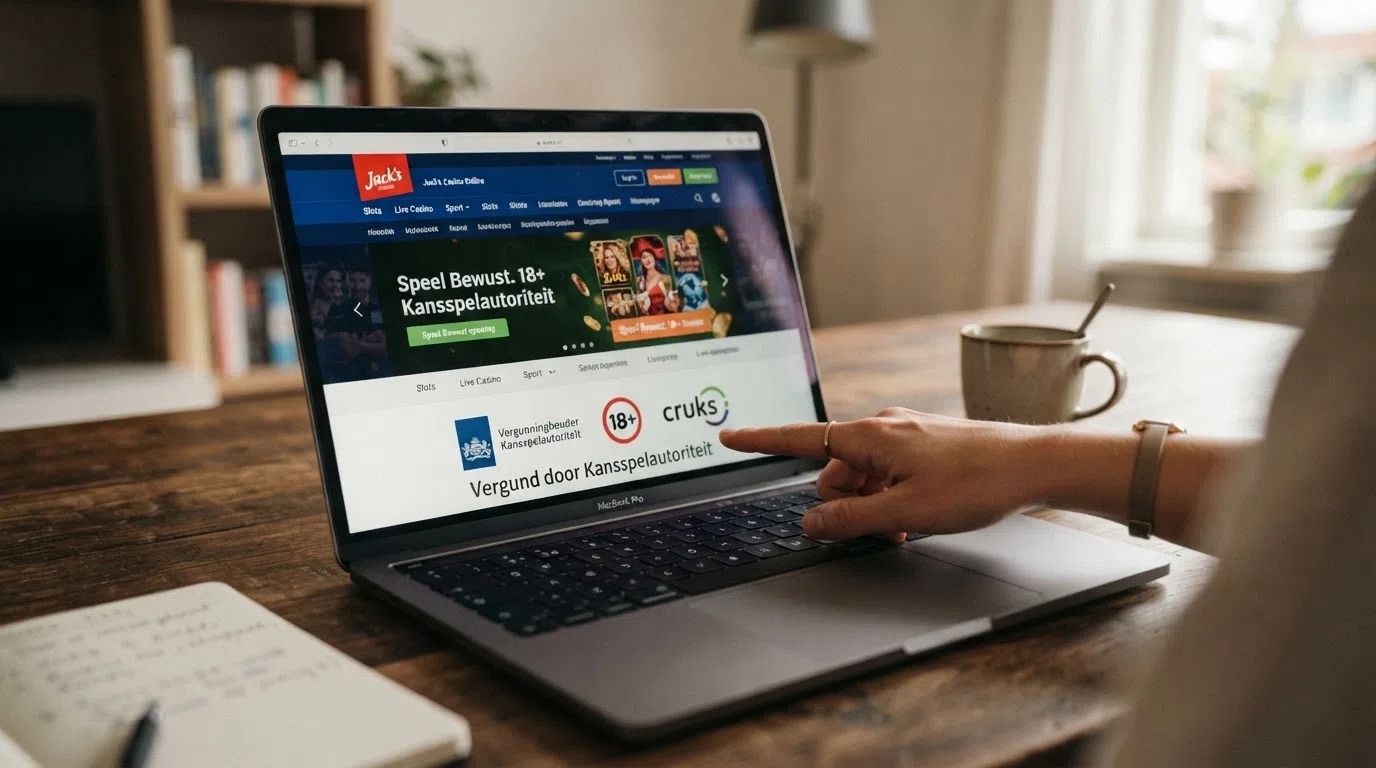 Het logo van de Kansspelautoriteit en een Koa-vergunning prominent in beeld op de homepage van een online casino
