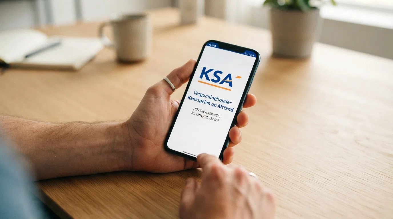 een Nederlands paspoort of ID-kaart naast het KSA-logo en de tekst “Vergunninghouder Kansspelen op Afstand” op een scherm