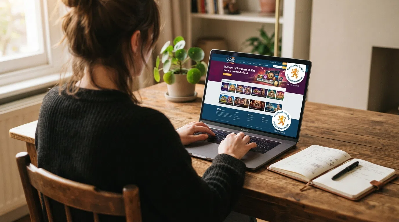 Close-up van het KSA-keurmerk op de homepage van een Nederlands online casino