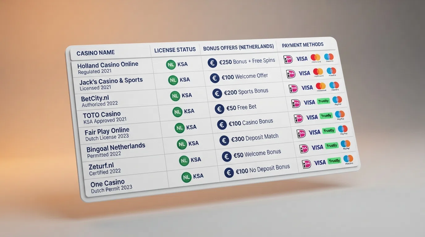 Een overzichtelijke vergelijkingstabel van de tien besproken casino's met hun licentiestatus, bonusaanbod en betaalmethoden als visuele samenvatting.