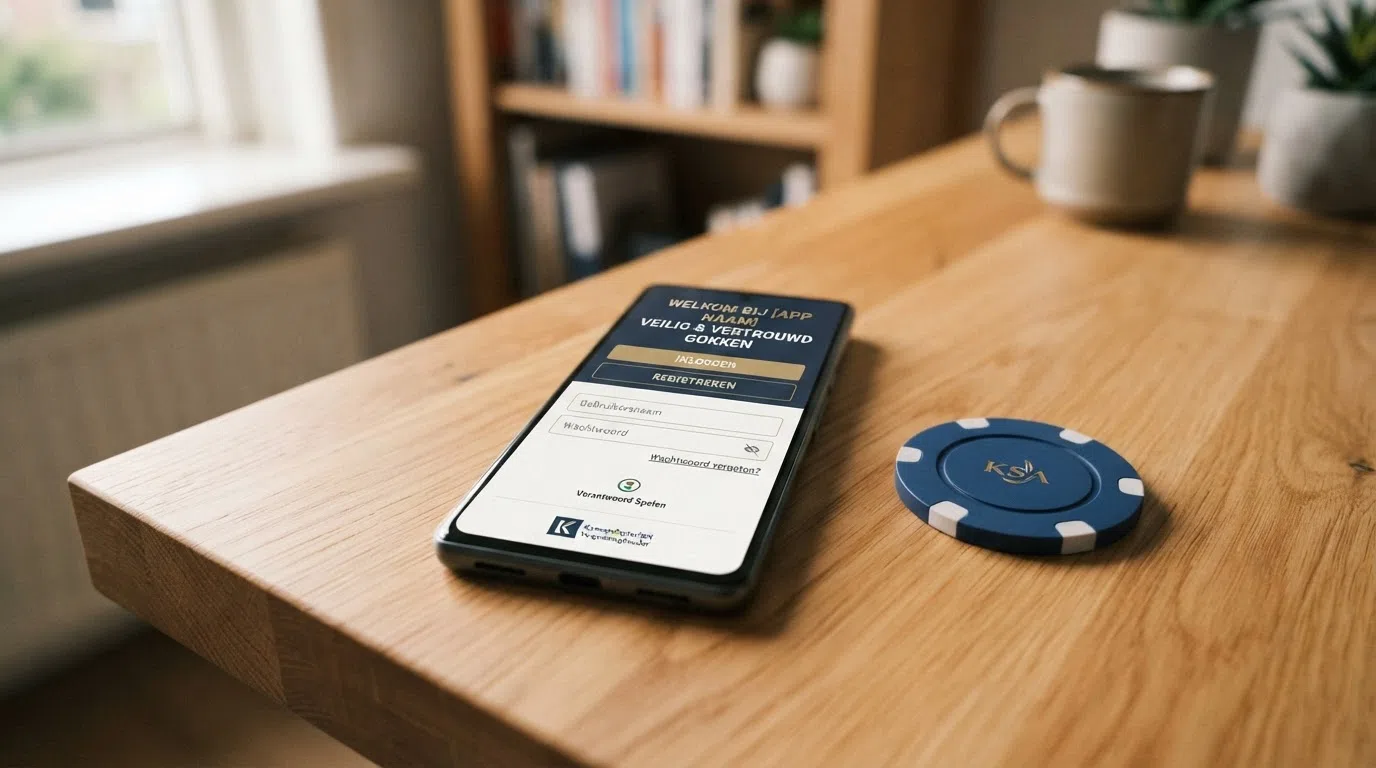 Het KSA-logo en het CRUKS-keurmerk naast het inlogscherm van een casino-app, met de versleutelingsindicator in de statusbalk van Android zichtbaar