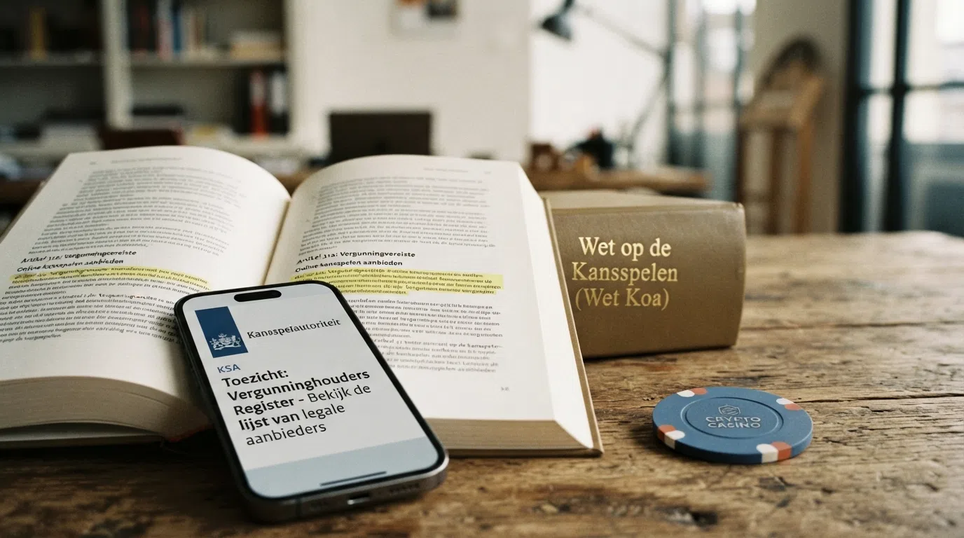 Een Nederlands wetboek naast een Bitcoin-munt en het logo van de Kansspelautoriteit op een scherm