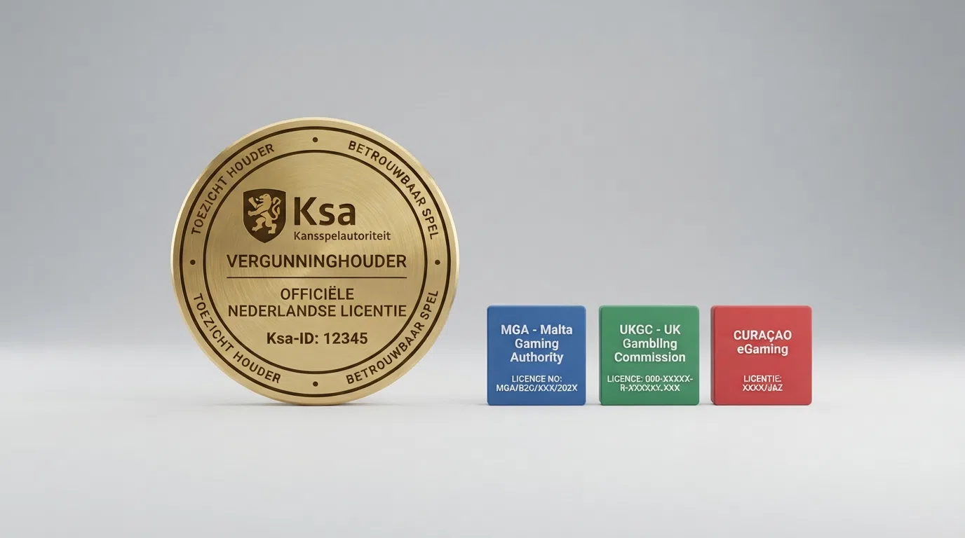 Een vergunningstempel van de Ksa naast een document met buitenlandse licentienamen
