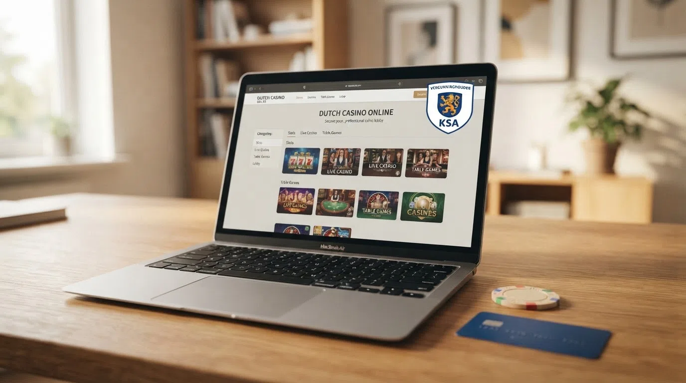 KSA-logo of keurmerk op een casino-website met een slot op de achtergrond