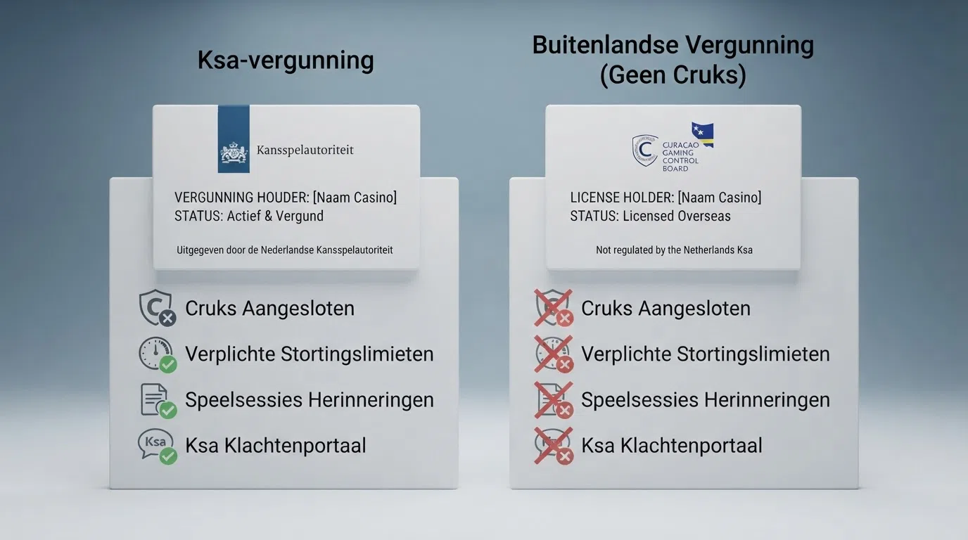 Een schematische weergave van een Ksa-vergunning naast een buitenlandse casinolicentie met daaronder de beschermingselementen die bij de buitenlandse licentie ontbreken