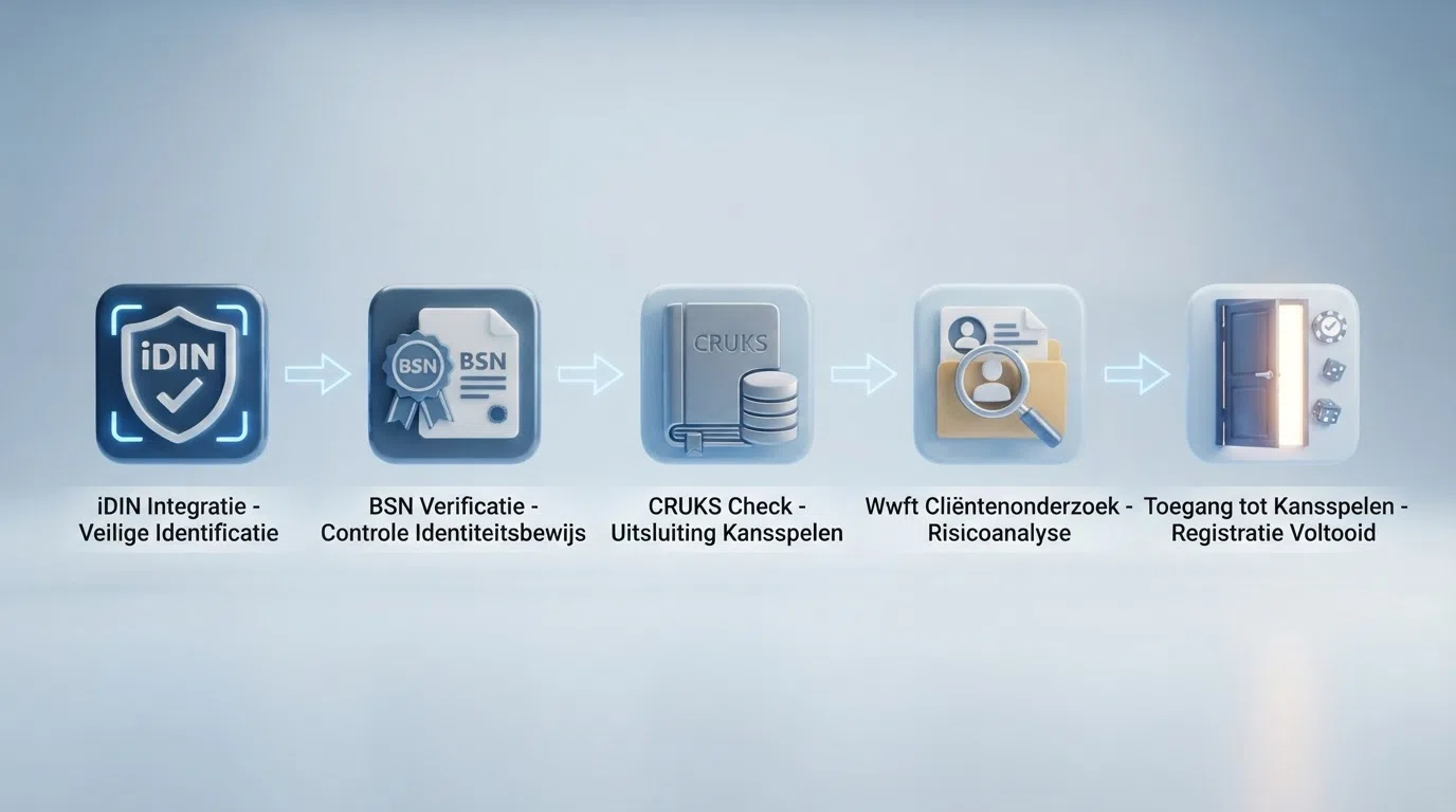 Een stroomschema van de KYC-verificatieketen onder de KOA: iDIN-koppeling → BSN-verificatie → CRUKS-controle → Wwft-cliëntenonderzoek → speeltoegang — met bij elke stap het wetsartikel dat hem verplicht stelt