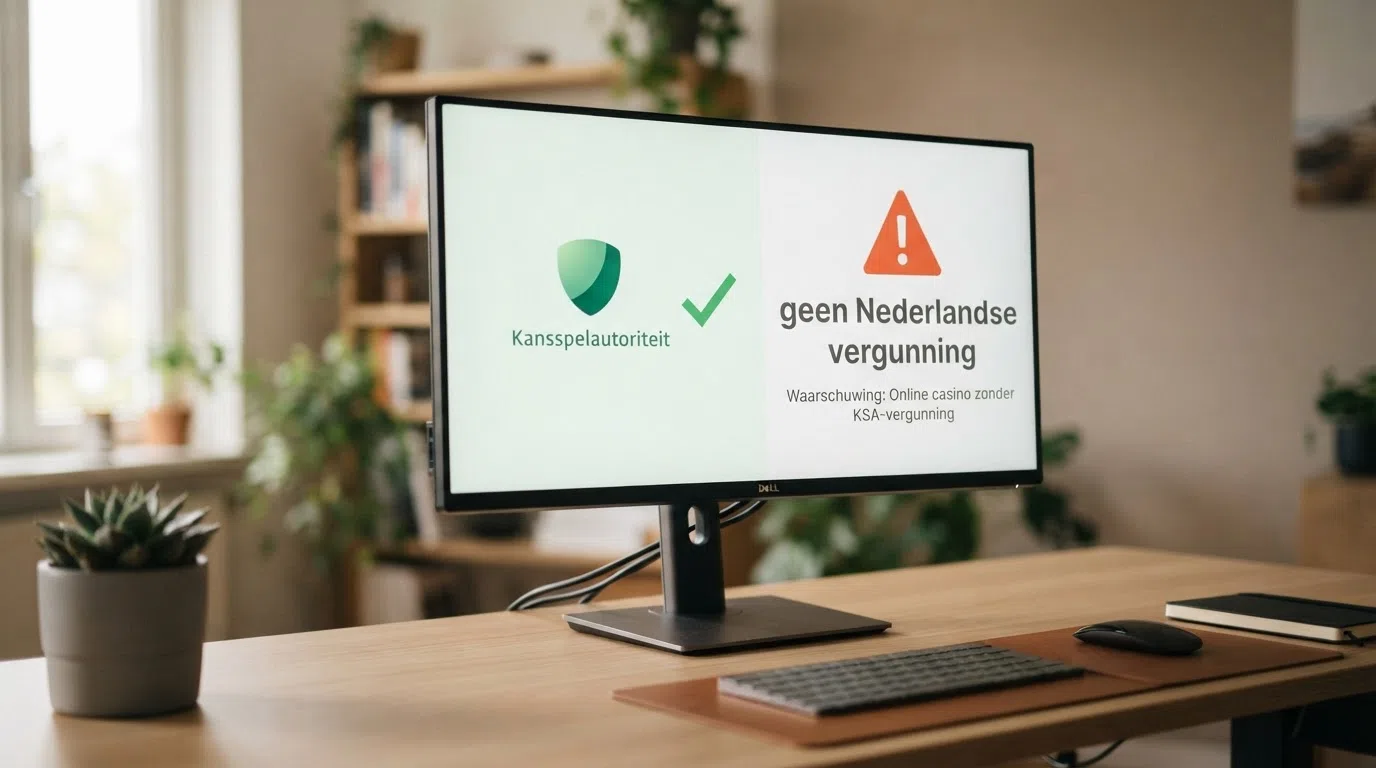 Een splitscreen: links het KSA-logo met een groen vinkje, rechts een waarschuwingsdriehoek met de tekst “geen Nederlandse vergunning”