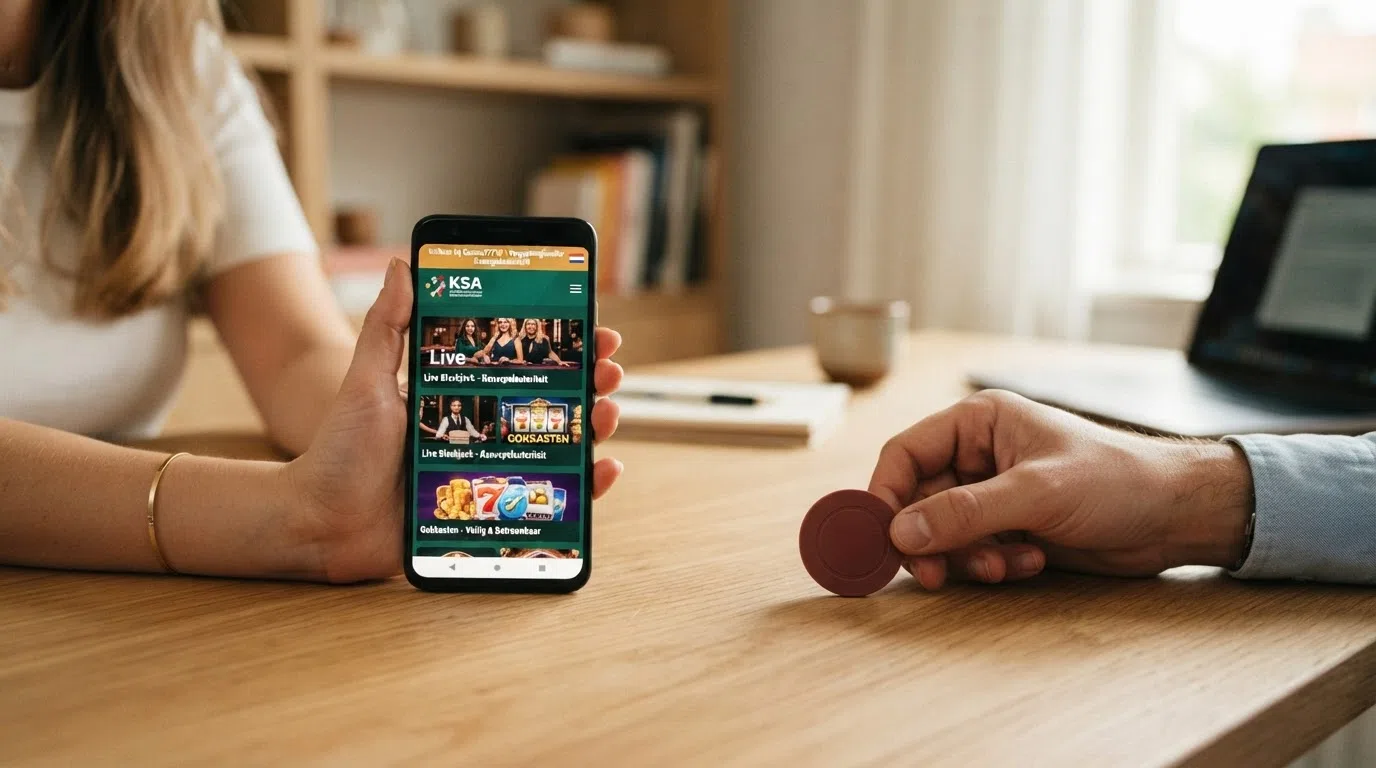 Een balansweergave: aan de ene kant een KSA-vergund casino met CRUKS-logo en consumentenbescherming, aan de andere kant een offshore casino zonder vangnet