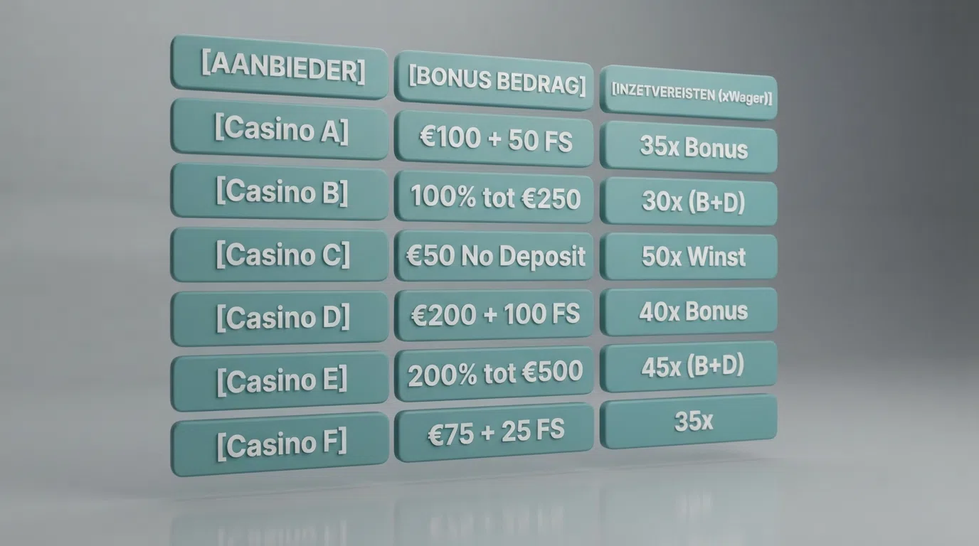 Tien logo's van Ksa-vergunde online casino's gerangschikt op een vergelijkingsgrid met bonusbedragen en voorwaarden ernaast