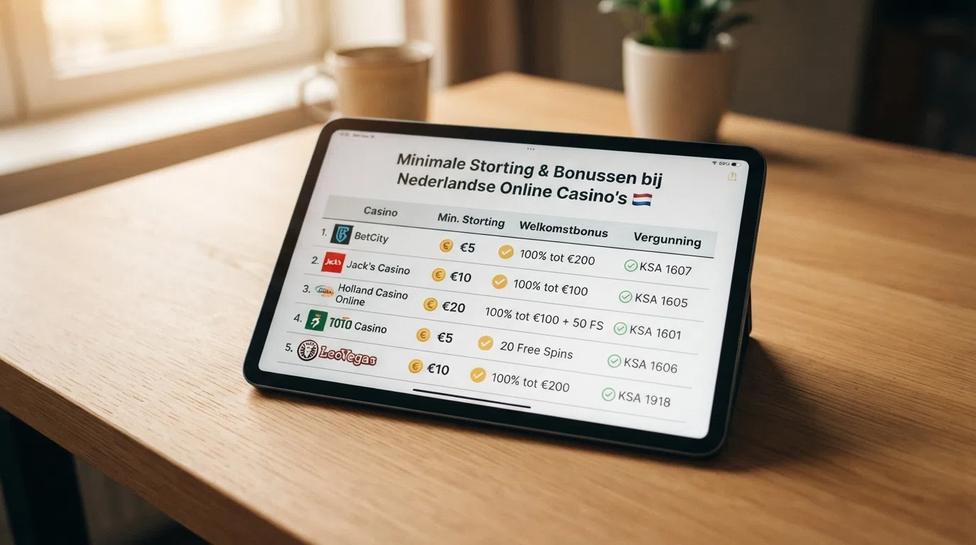 Een overzichtelijke vergelijkingstabel met de logo's van meerdere Nederlandse online casino's naast kolommen voor minimale storting, bonus en licentie.
