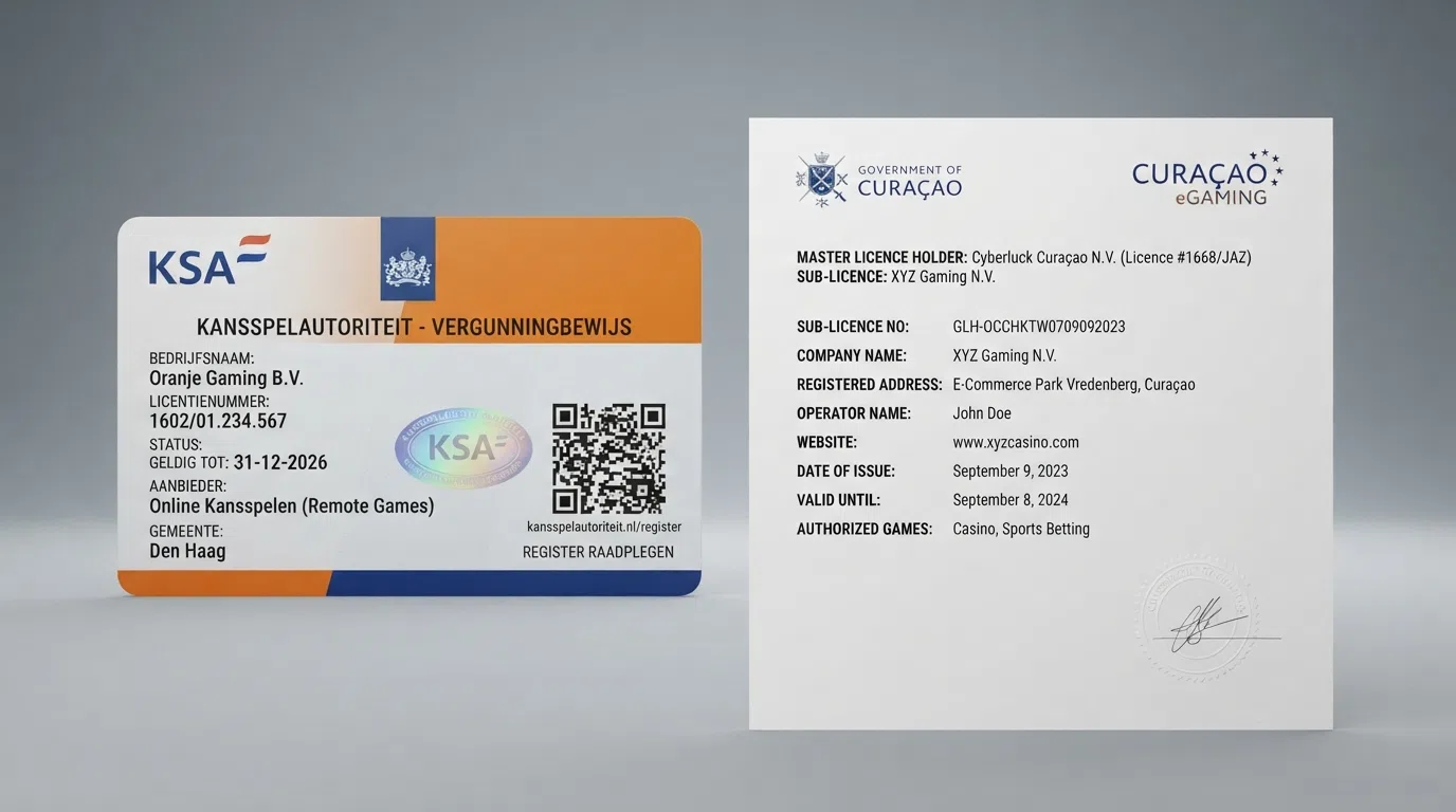 Een overzichtelijke vergelijking van twee documenten: een KSA-vergunning naast een Curaçao eGaming-licentie, met stempels en keurmerken