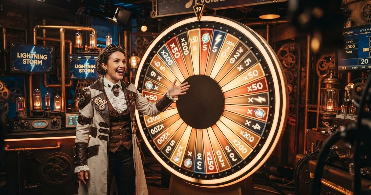 Het verlichte DigiWheel van Lightning Storm in de live studio met de presentator in steampunk-laboratoriumsetting