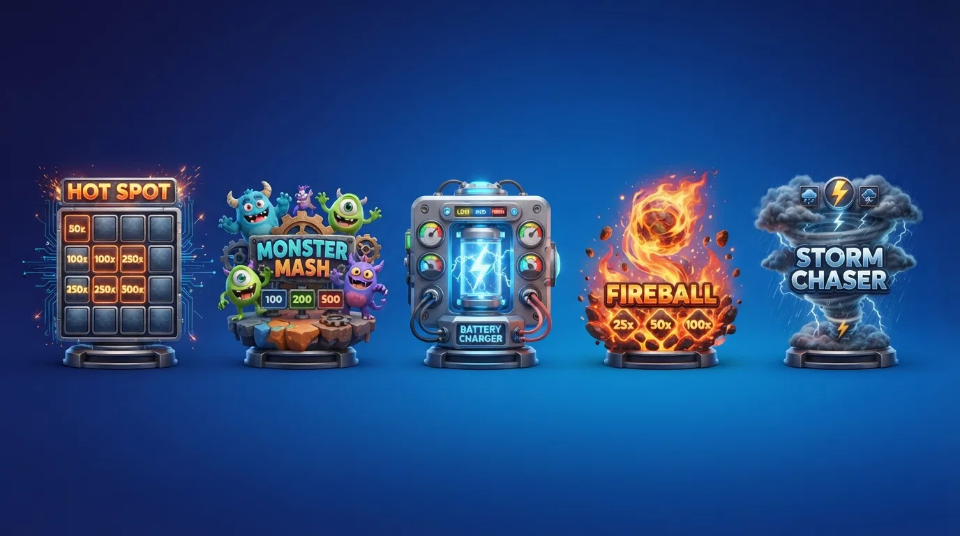De vijf bonusgame-iconen — Hot Spot, Monster Mash, Battery Charger, Fireball en Storm Chaser — op het Lightning Storm-spelscherm
