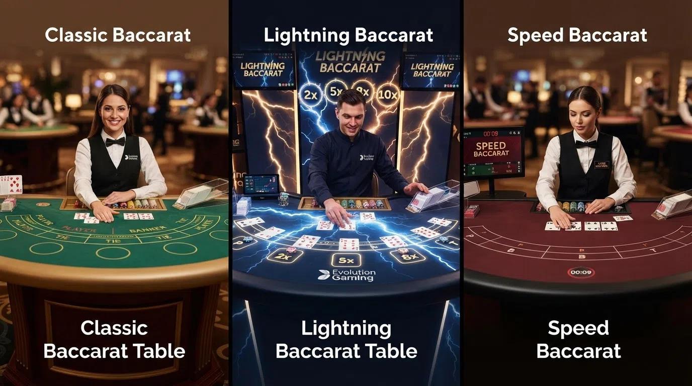 Een splitscreen van drie live baccarat tafels: een standaard baccarat-tafel, een Lightning Baccarat-tafel met bliksemschicht-effecten en een Speed Baccarat-tafel met zichtbare timer