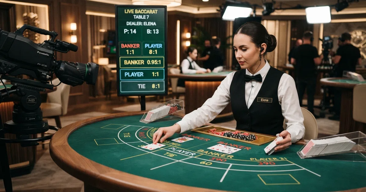 Een live dealer aan een baccarat-tafel in een casino-studio, kaarten delend met een HD-camera gericht op het tafeloppervlak, spelersinterface met inzetopties Banker, Player en Tie zichtbaar
