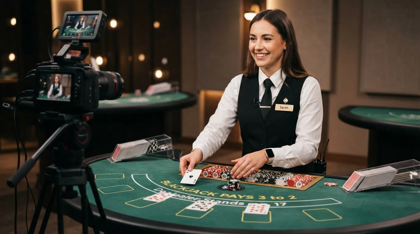 Een live dealer aan een blackjacktafel met meerdere spelers in beeld