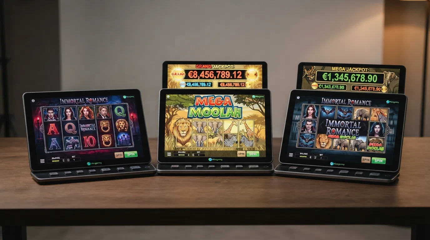 Drie Microgaming-gokkasten naast elkaar — Immortal Romance met het gotische artwork, Mega Moolah met de Afrikaanse savanne en de progressieve jackpot-teller, Immortal Romance Mega Moolah met beide elementen.