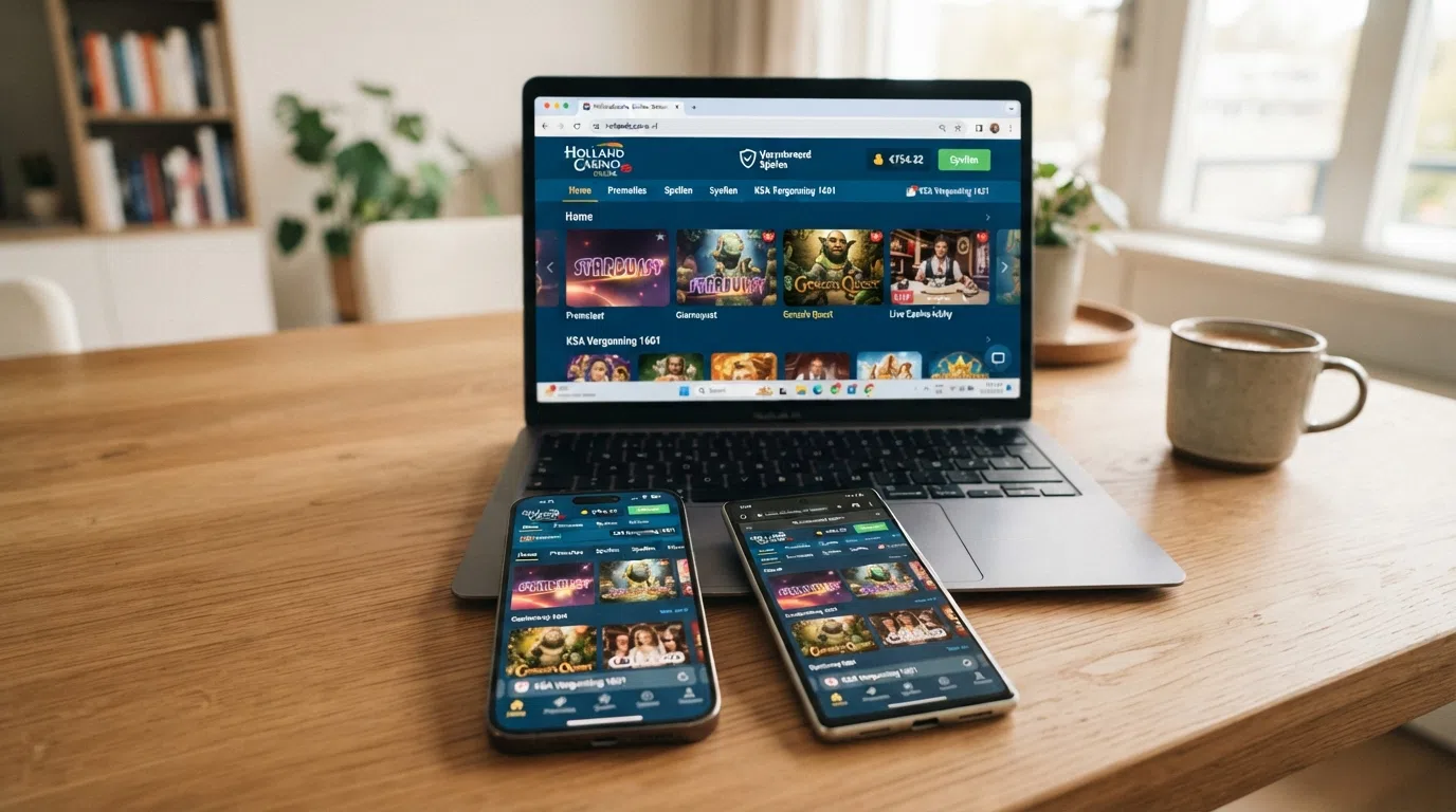 Een Android-telefoon en een iPhone naast elkaar op een tafel, beide met dezelfde casino app geopend; op de achtergrond vaag een laptopscherm met dezelfde casino-website in de browser