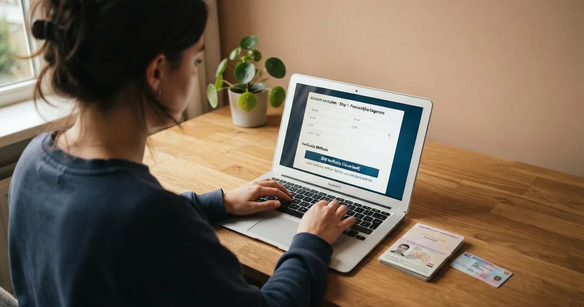 Een Nederlandse speler opent zijn laptop bij een online casino-registratiepagina, met een paspoort en BSN-kaart naast zich als alternatief voor de iDIN-knop op het scherm