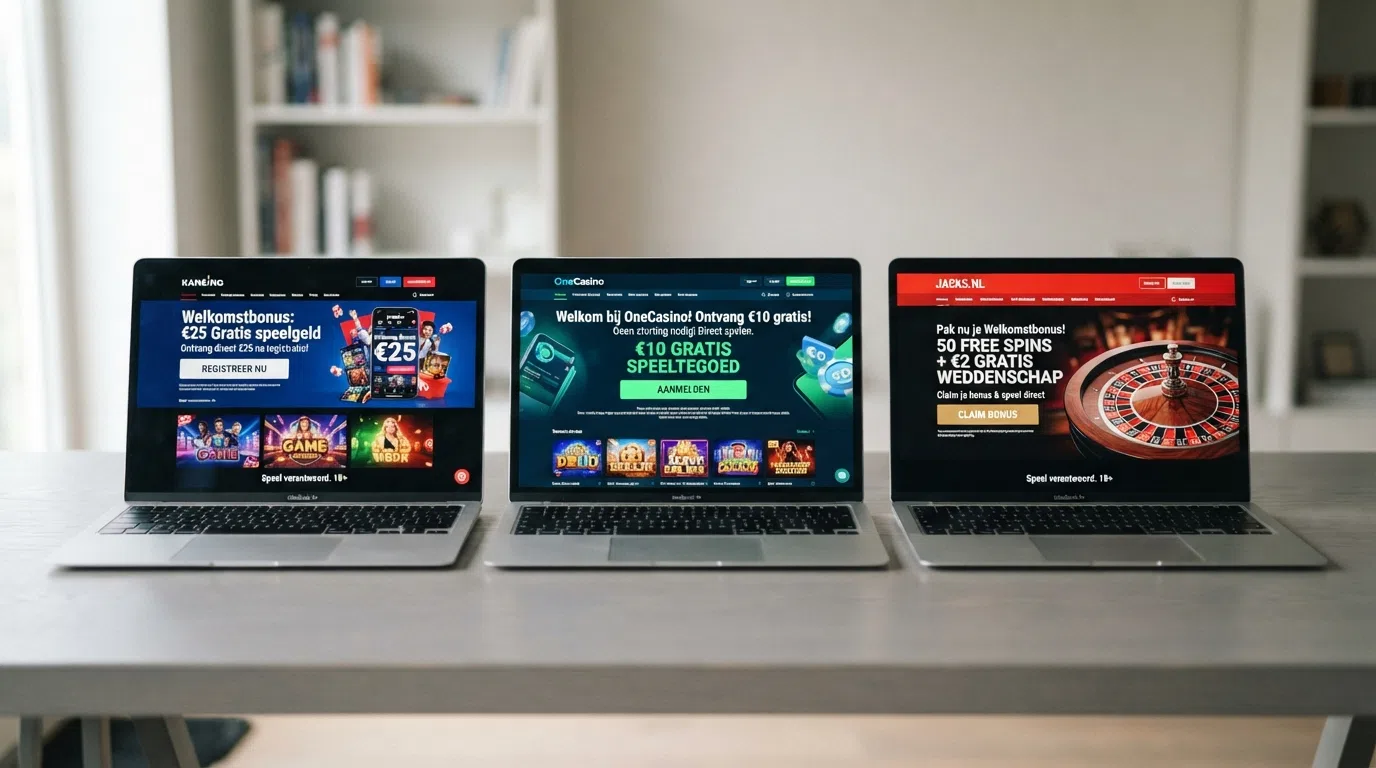 Drie Nederlandse casino-interfacevensters naast elkaar met hun no-deposit bonusaanbod